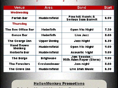 Huddersfield & Brighouse Gigs List