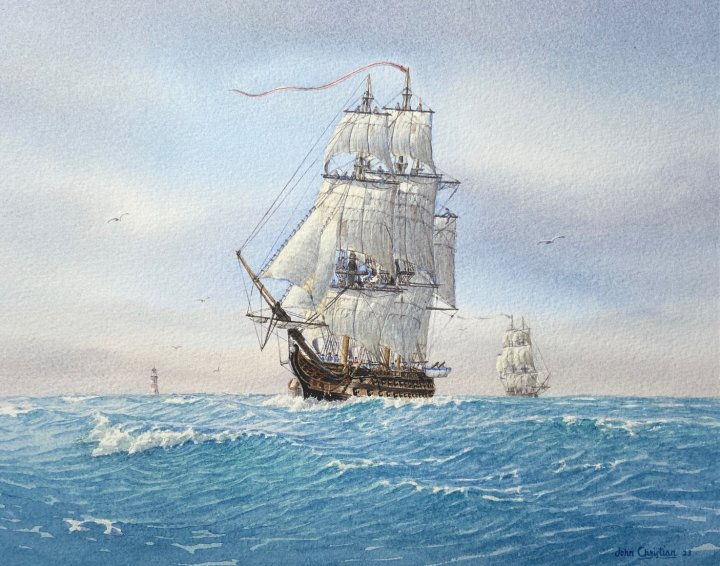 Foudroyant off Smeaton's Eddistone Lighthouse - Watercolour