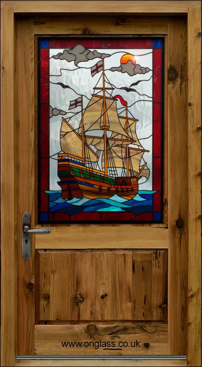 Galleon design door glass