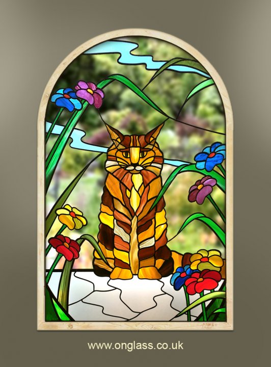 Maine coon ginger cat arched window