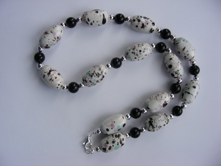 Semi Precious Black Onyx and Porcelain Necklace