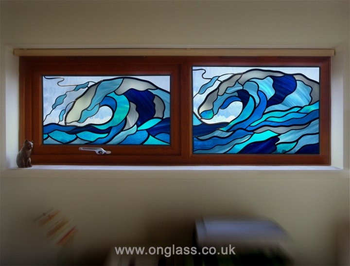 Surfs Up - stained glass wave fanlight windows.