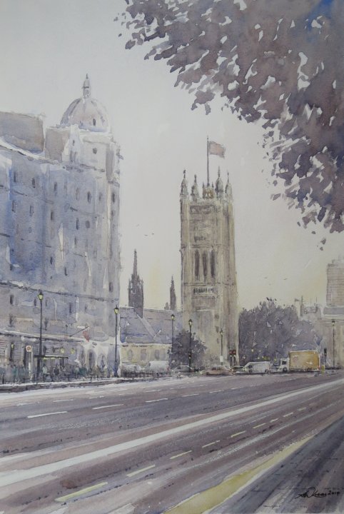 Toward Parliament Square at dusk.